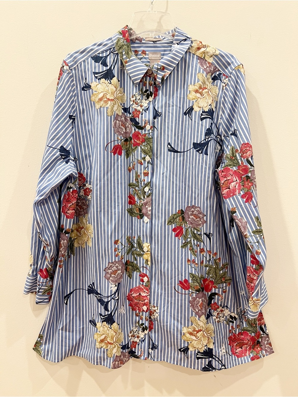 Chicos Shirt Top Womens Size 4 XXL Floral Striped Long Sleeve Button Up Tunic